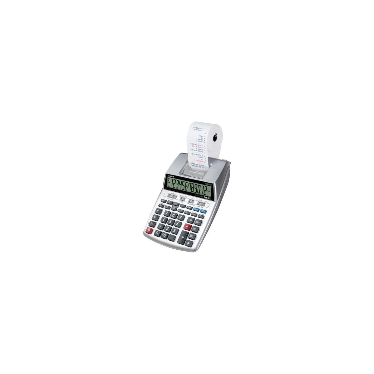 Une calculatrice argentée avec fonction d'impression et rouleau de papier.