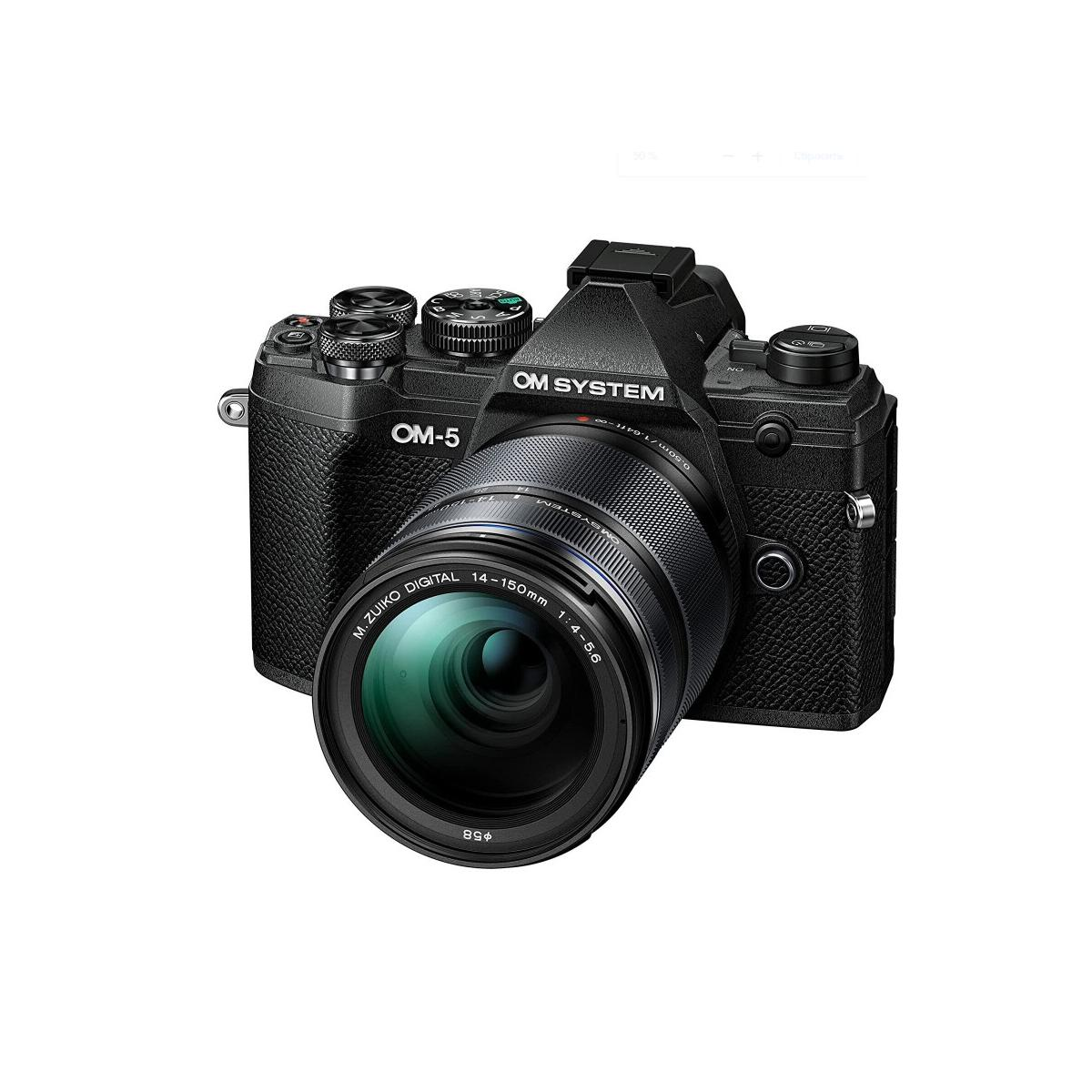Zwarte OM System OM-5 camera met M.Zuiko Digital 14-150mm lens.