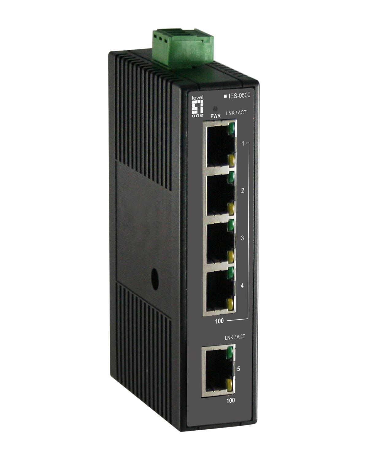 Switch di rete nero con cinque porte Ethernet e un morsetto verde in cima.