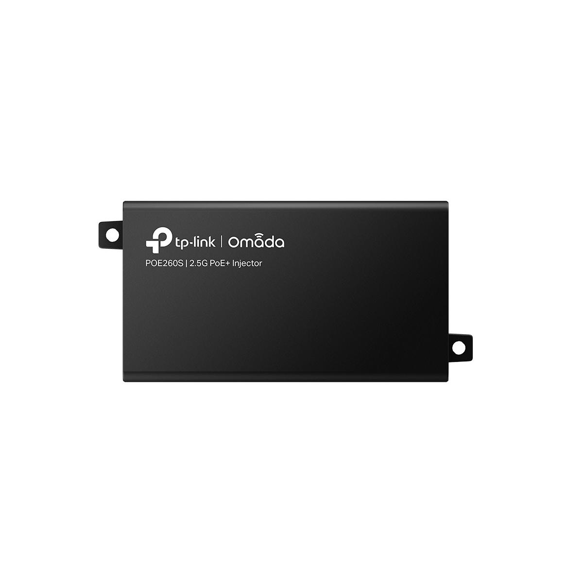 Black TP-Link Omada POE260S 2.5G PoE+ Injector with mounting ears.