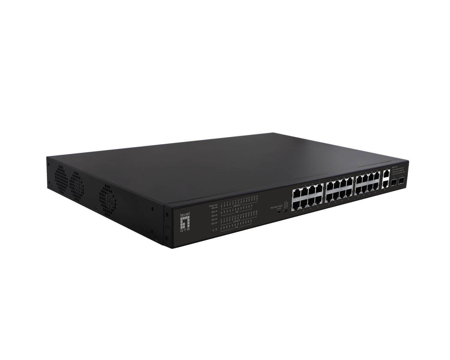 Switch di rete nero con 24 porte e indicatori LED sul pannello frontale.