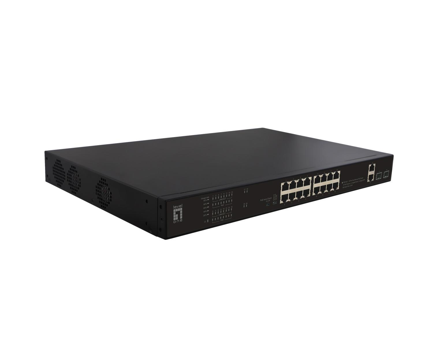 Switch di rete nero con porte e LED sul pannello frontale.