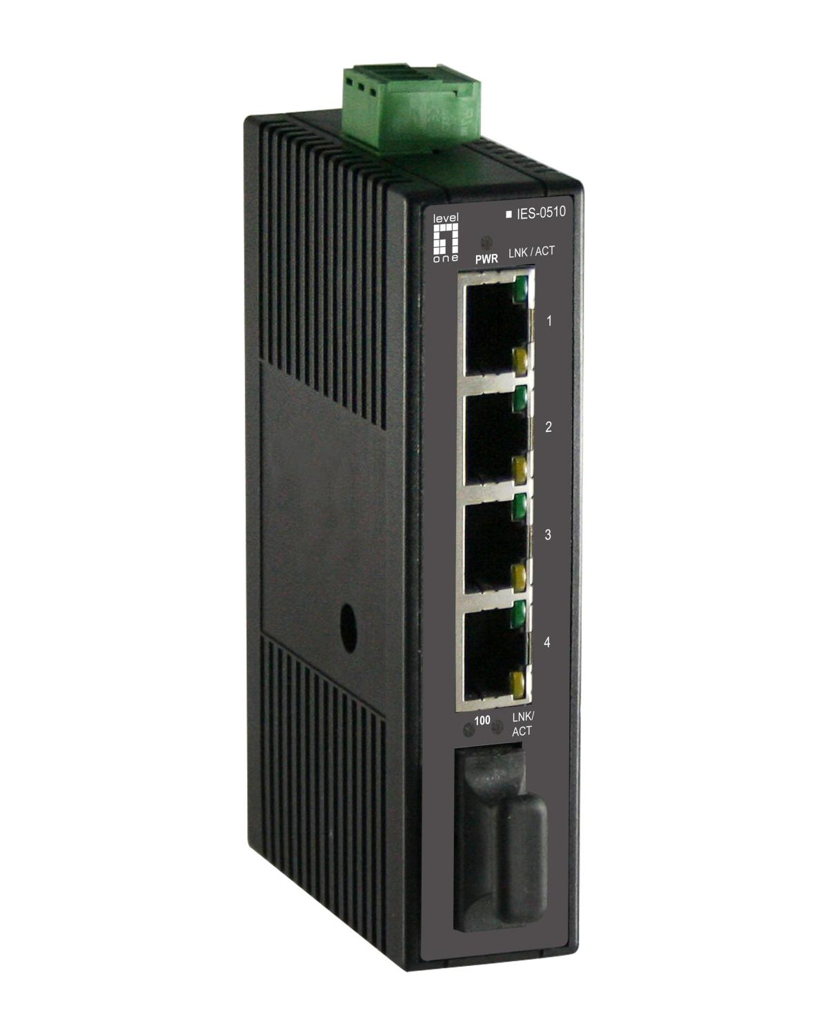 Switch di rete nero con quattro porte Ethernet e morsettiera verde.