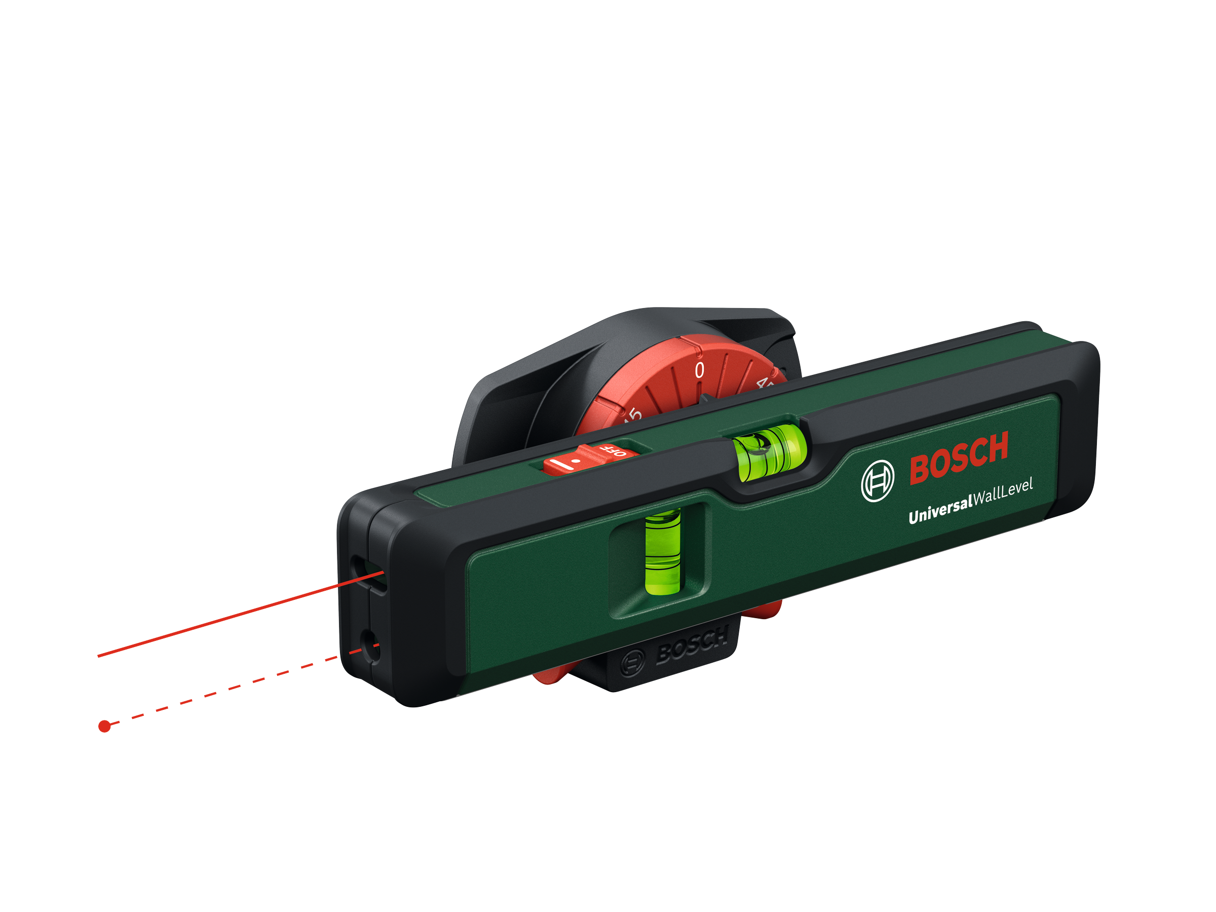 Bosch UniversalWallLevel lazerli su terazisi, kırmızı lazer çizgileri ve yeşil su terazileri.