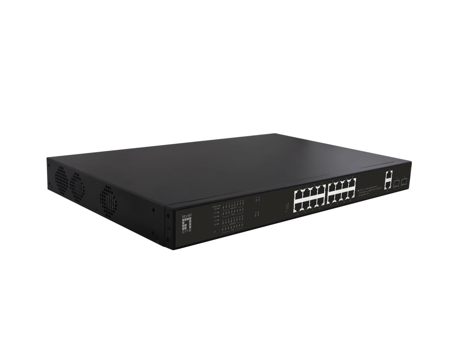 Switch di rete nero con 16 porte frontali, due spie e prese d'aria laterali.