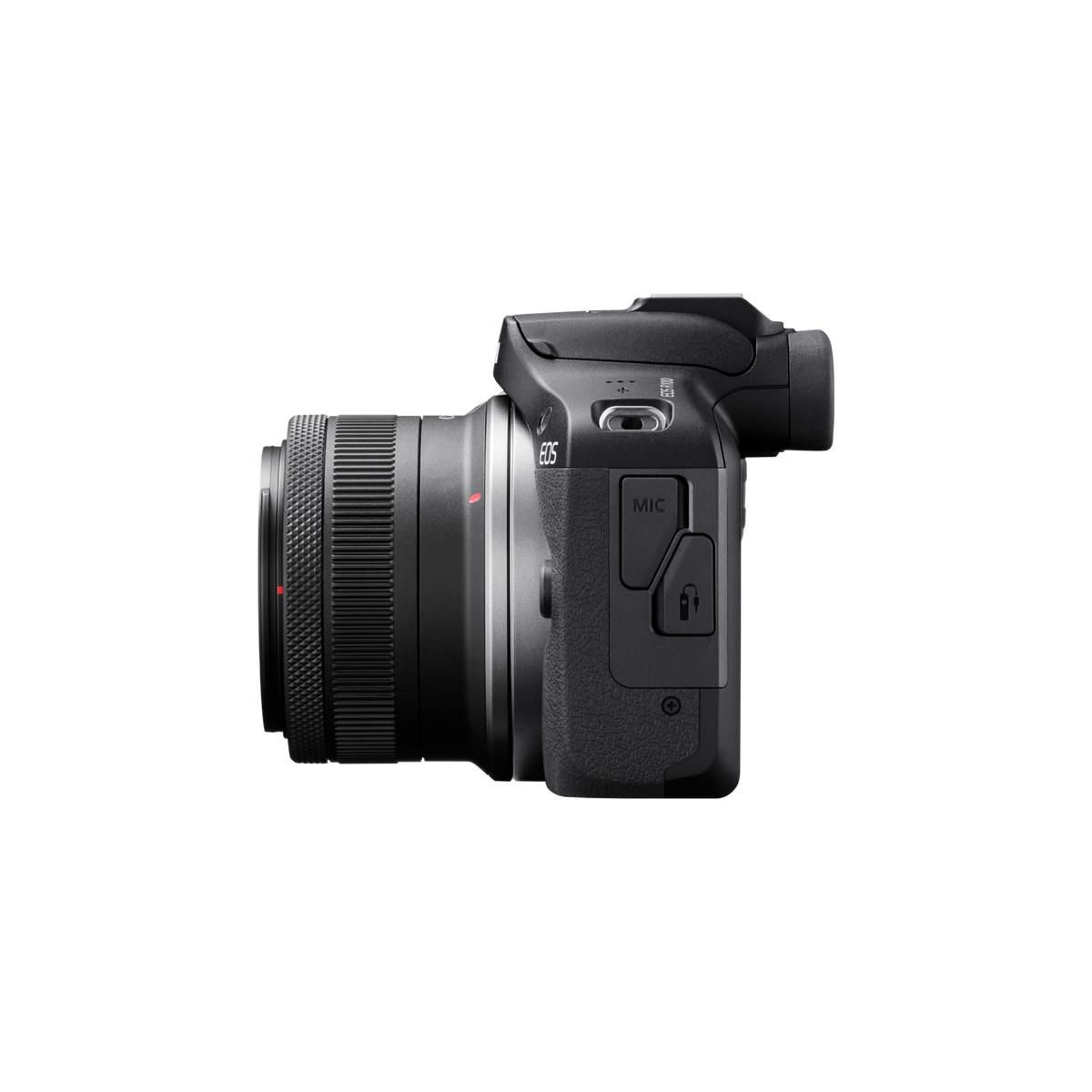 A black mirrorless camera with lens attachment, shown from the side.