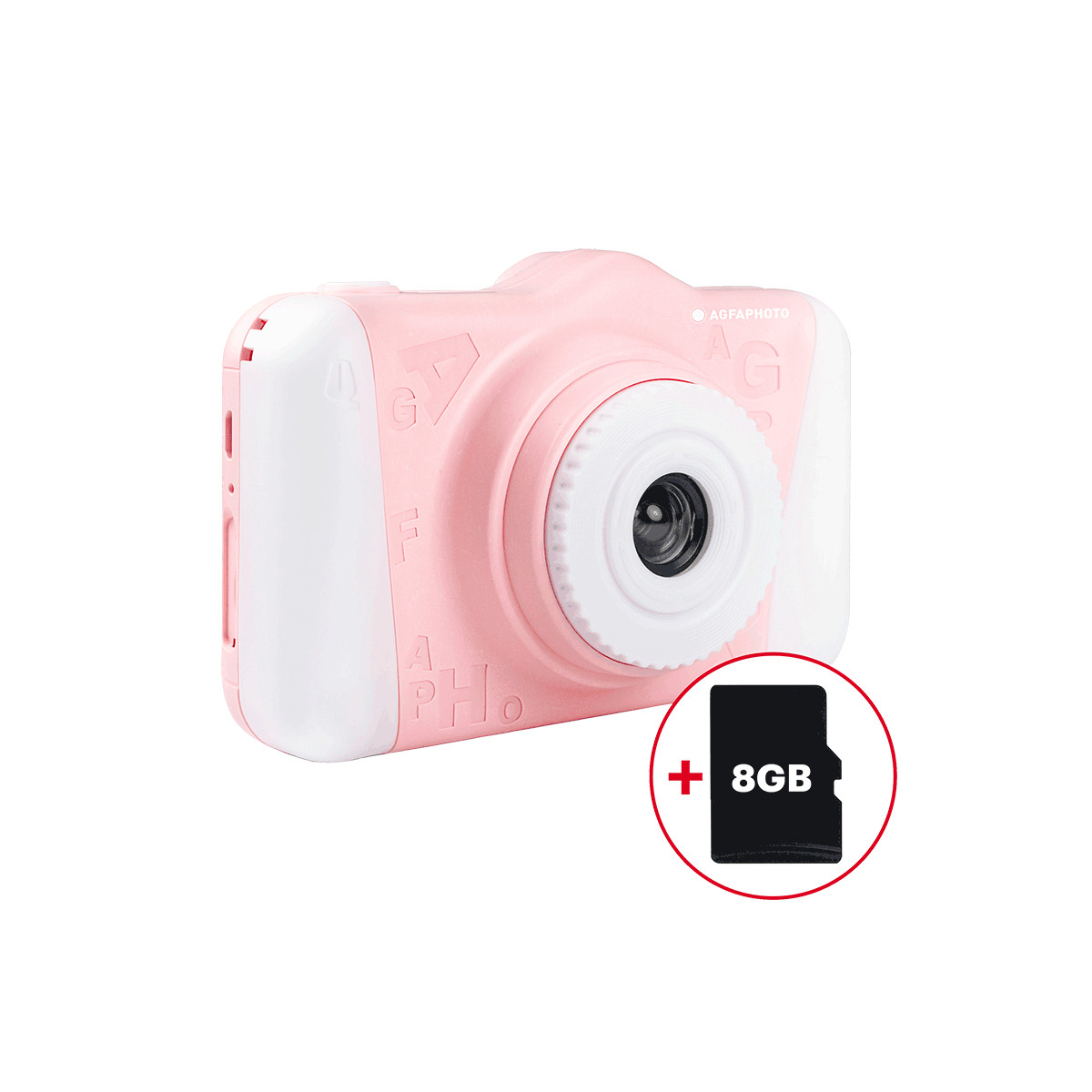 Różowy aparat cyfrowy z kartą pamięci 8 GB.