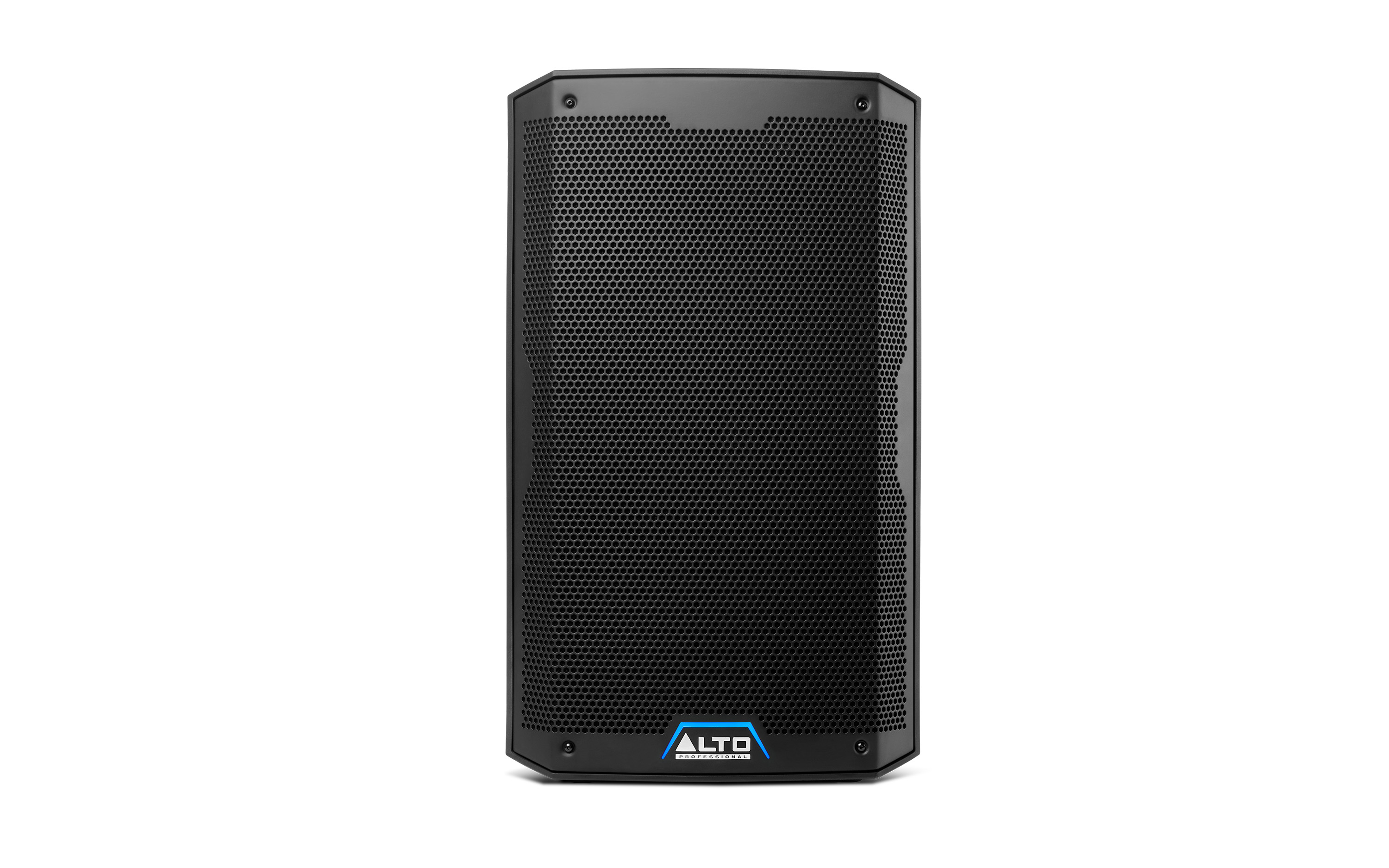 Haut-parleur noir avec grille nid d'abeille et logo Alto bleu sur fond blanc.