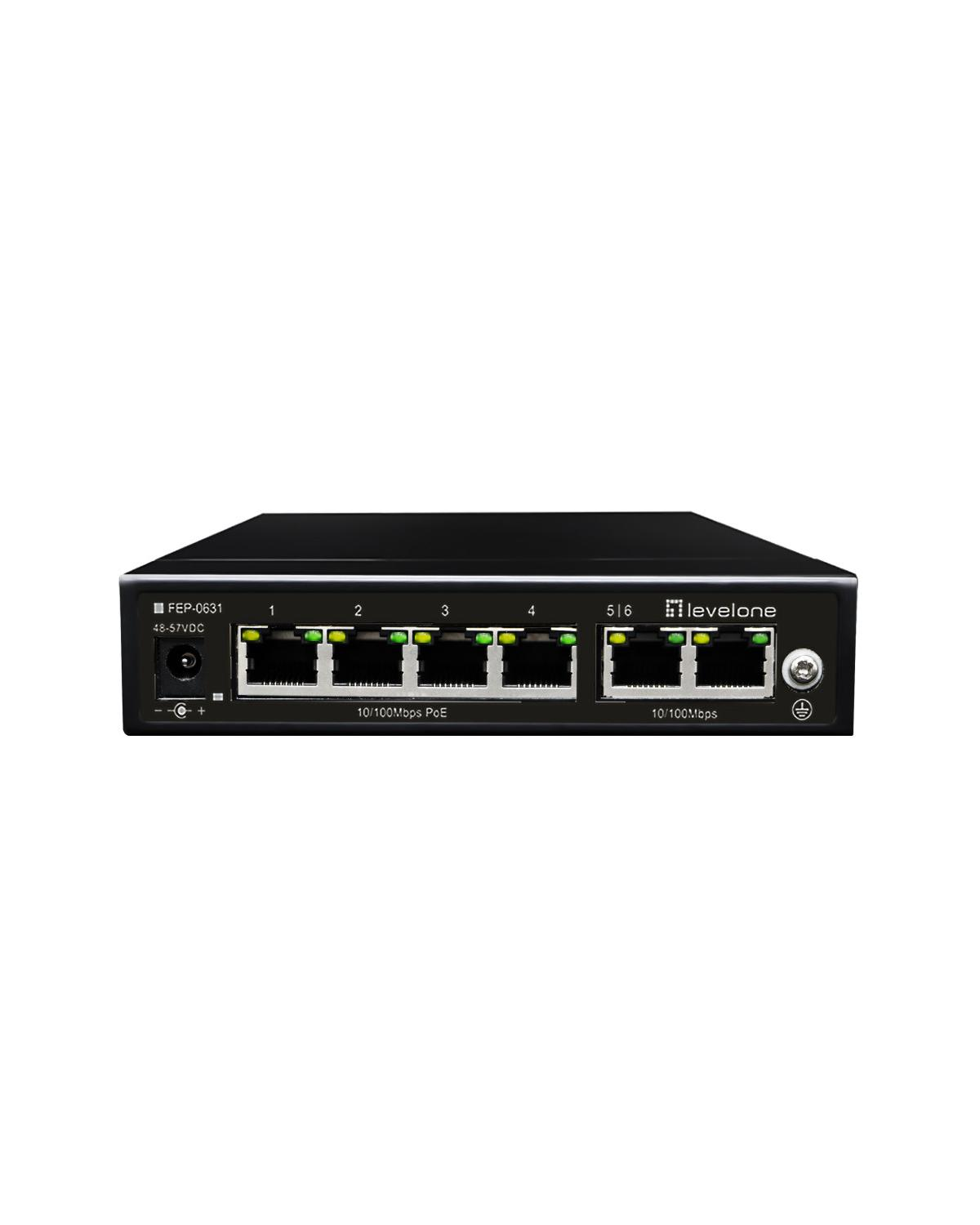 Uno switch di rete LevelOne nero a 6 porte, modello FEP-0631.