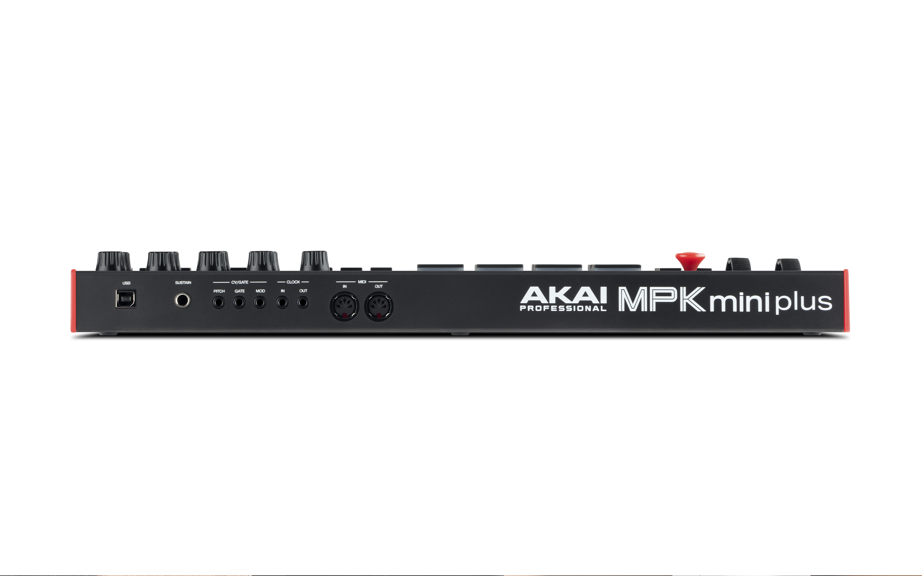 Widok z tyłu czarnego kontrolera Akai MPK Mini Plus z portami.