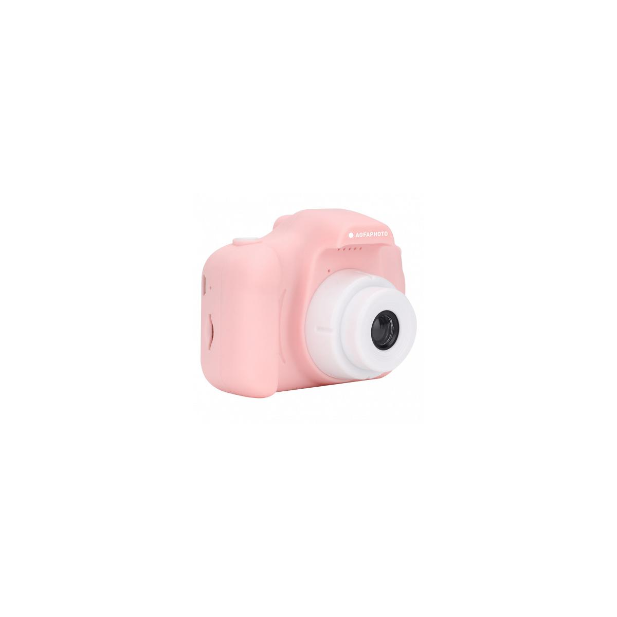 Una fotocamera digitale rosa con obiettivo bianco e logo Agfa.