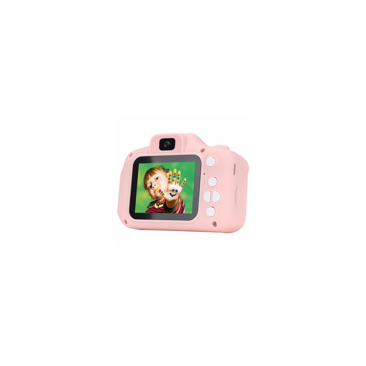 Una fotocamera rosa mostra un bambino con le mani colorate sul suo schermo.