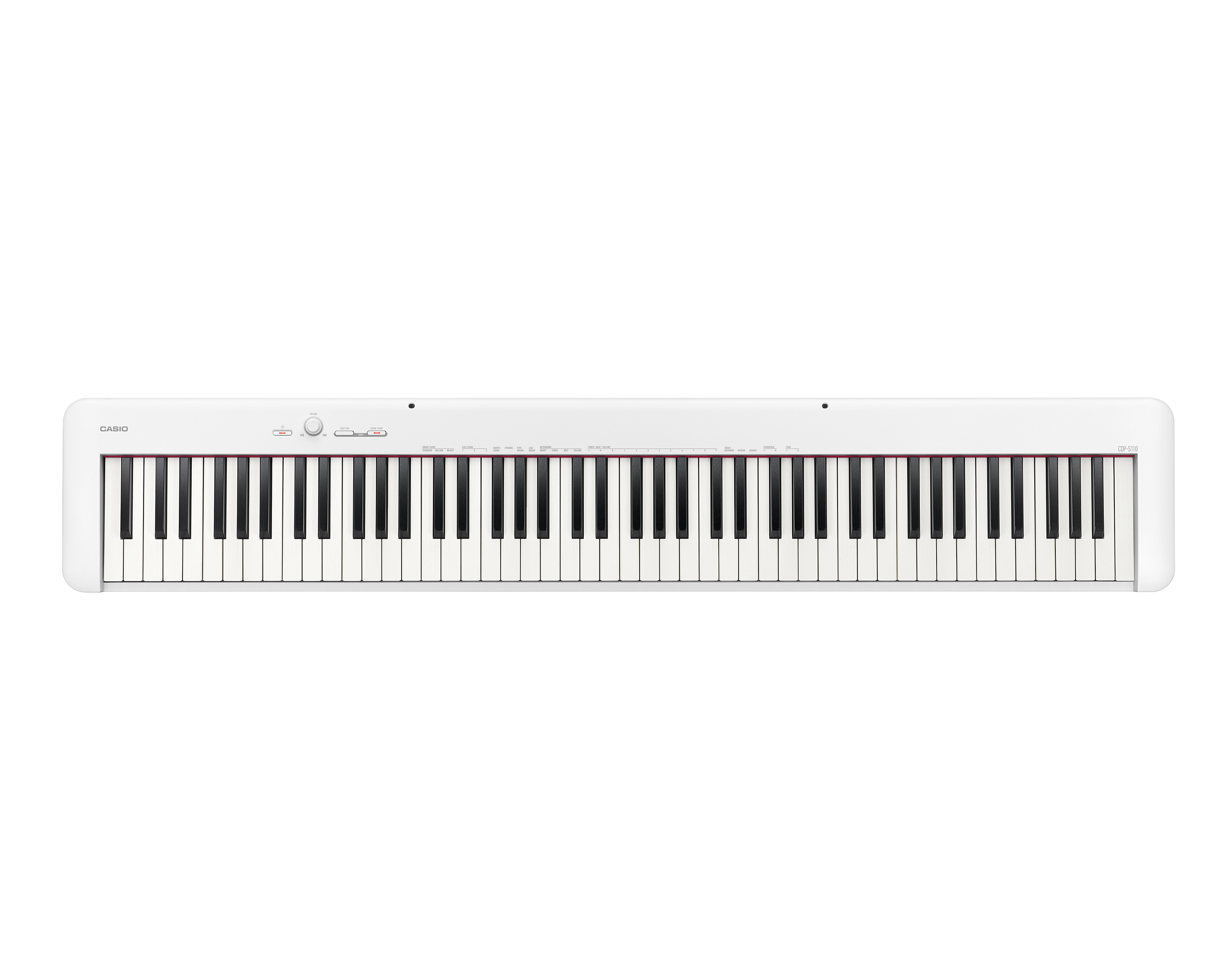 Ein weißes Digitalpiano mit schwarzen und weißen Tasten und Bedienelementen oben.