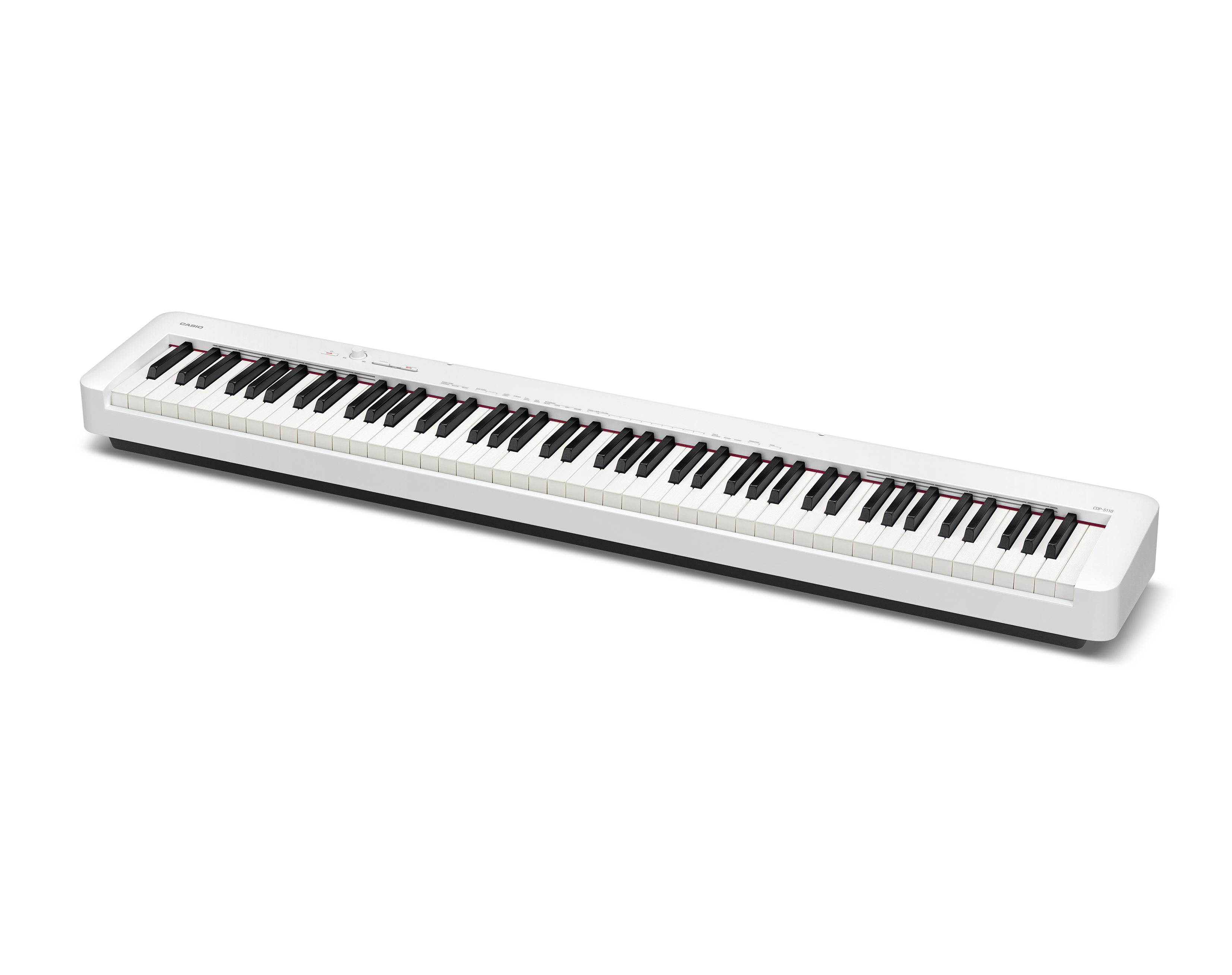 Ein schlankes, weißes Digitalpiano mit schwarzen und weißen Tasten.