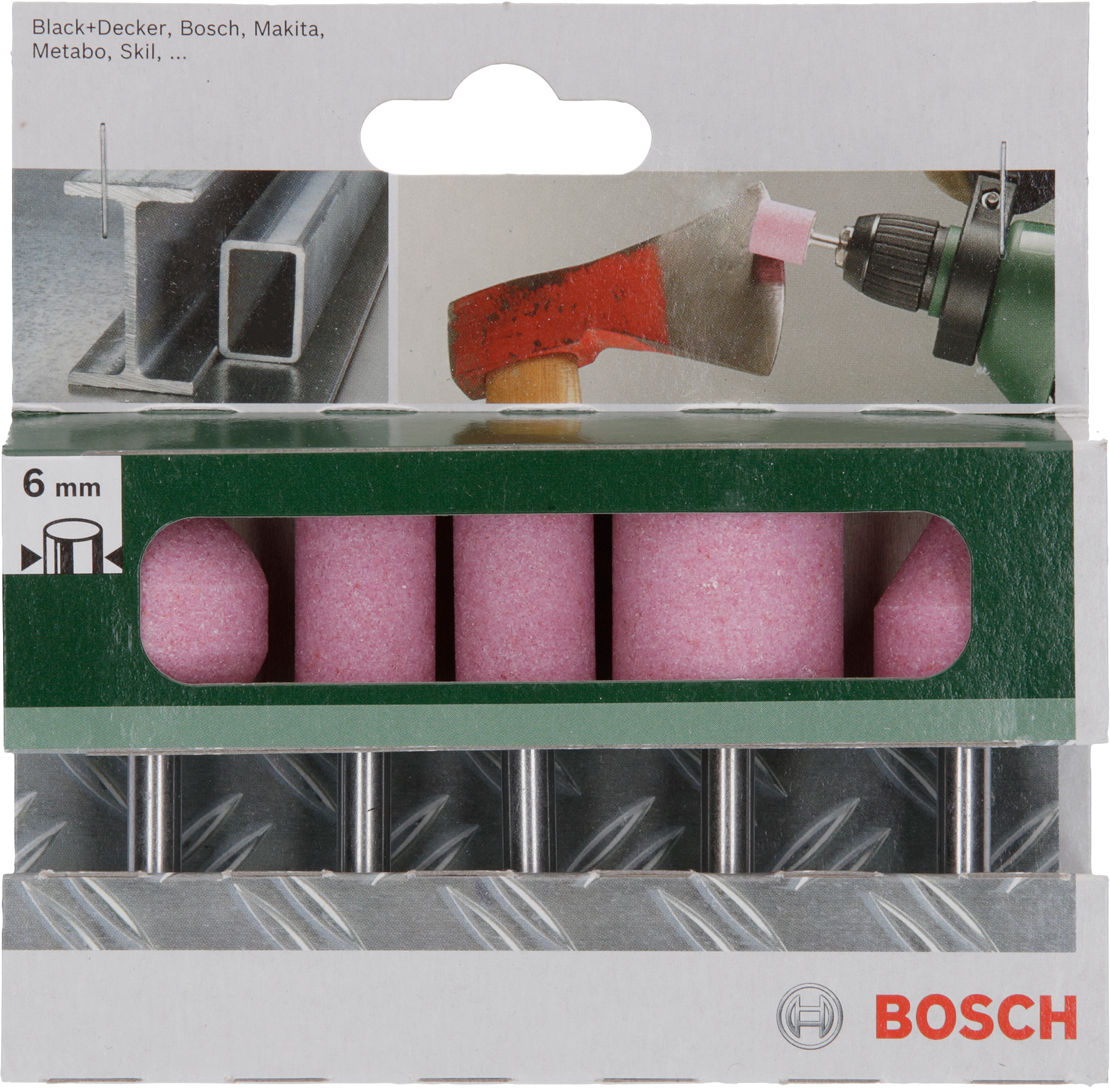 Verpackung mit Schleifsteinen und Werkzeugabbildungen.