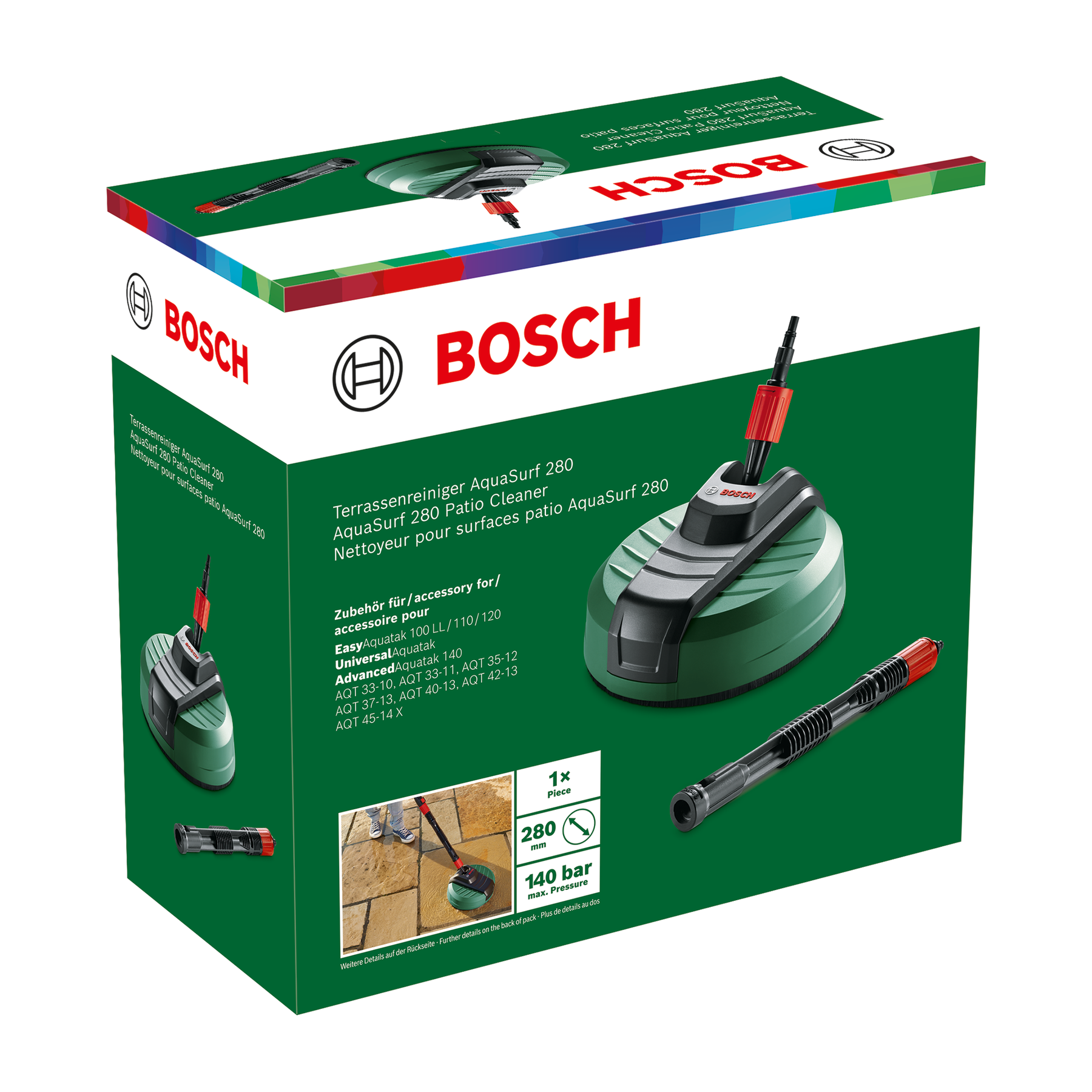 Bosch Terrassenreiniger AquaSurf 280 mit Zubehör und Spezifikationen auf der Verpackung.