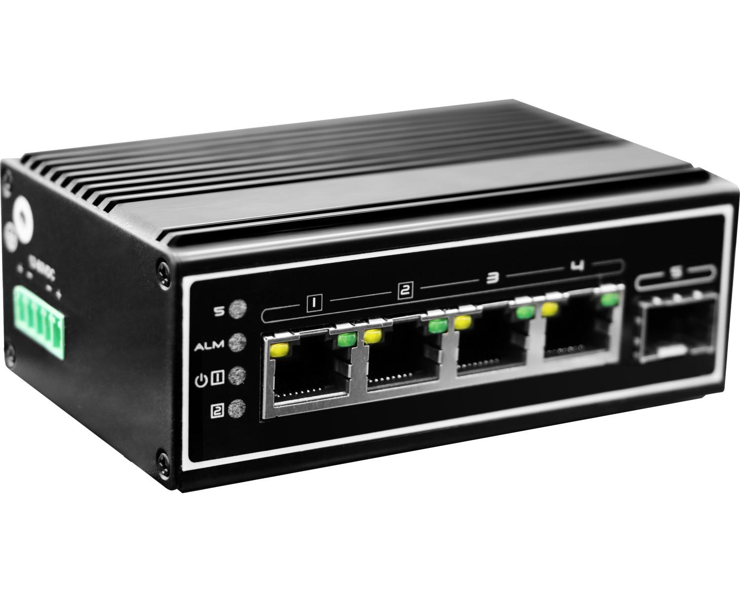 Un piccolo switch di rete nero con quattro porte Ethernet e LED di stato.