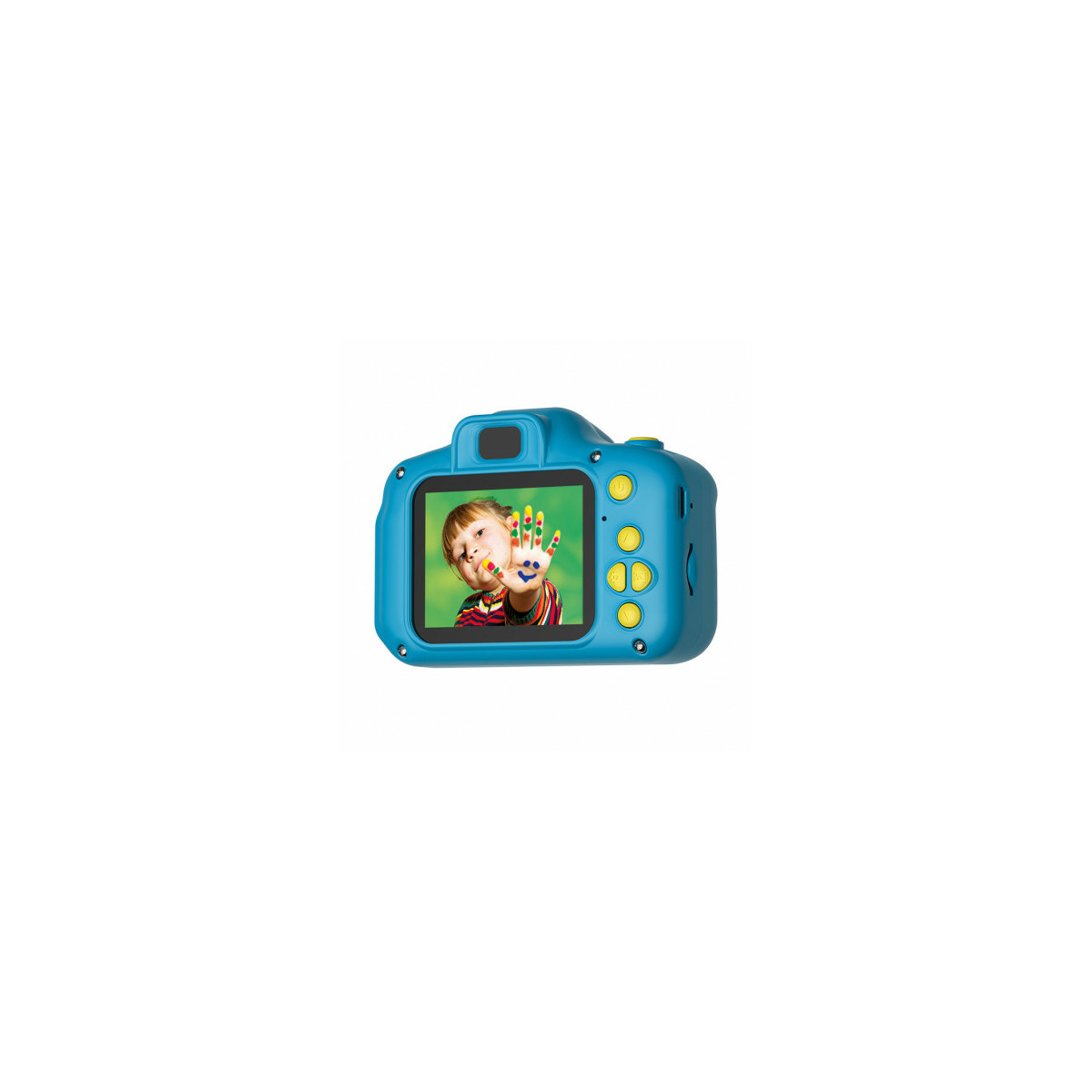 Ein blaues Kinderfotoapparat zeigt ein Kind mit bunten Fingern.