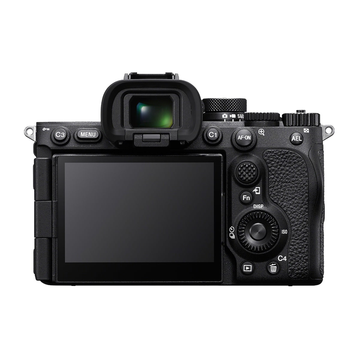 Vista posteriore di una fotocamera digitale nera con schermo ribaltabile e vari pulsanti.
