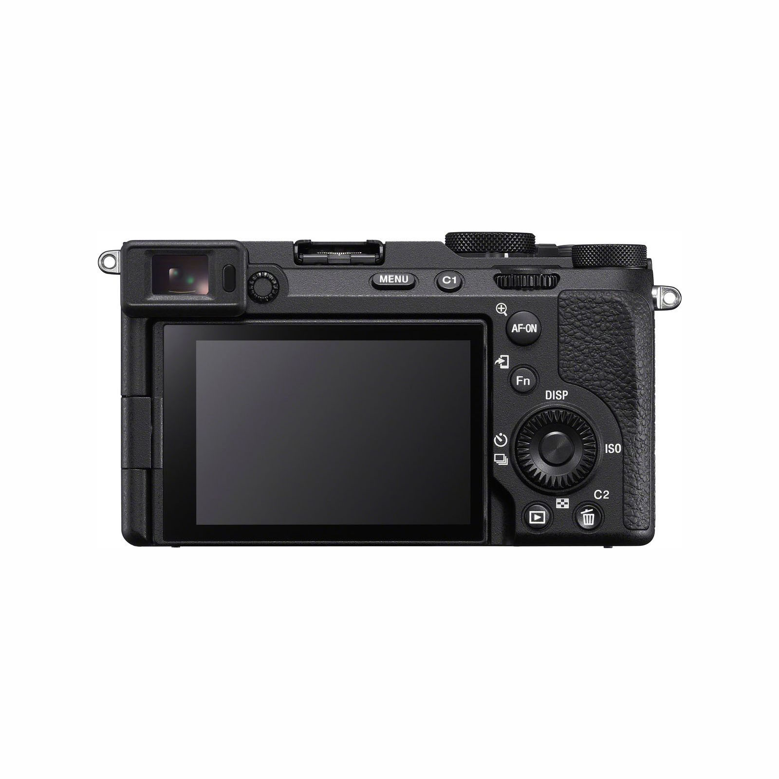 Rear view of a black digital camera with LCD screen, viewfinder, and control buttons.