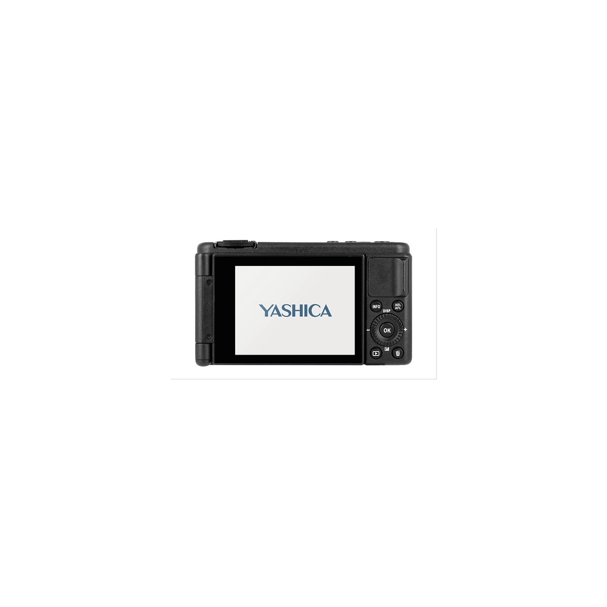 Una cámara digital Yashica negra con la pantalla encendida, mostrando el logo de la marca.