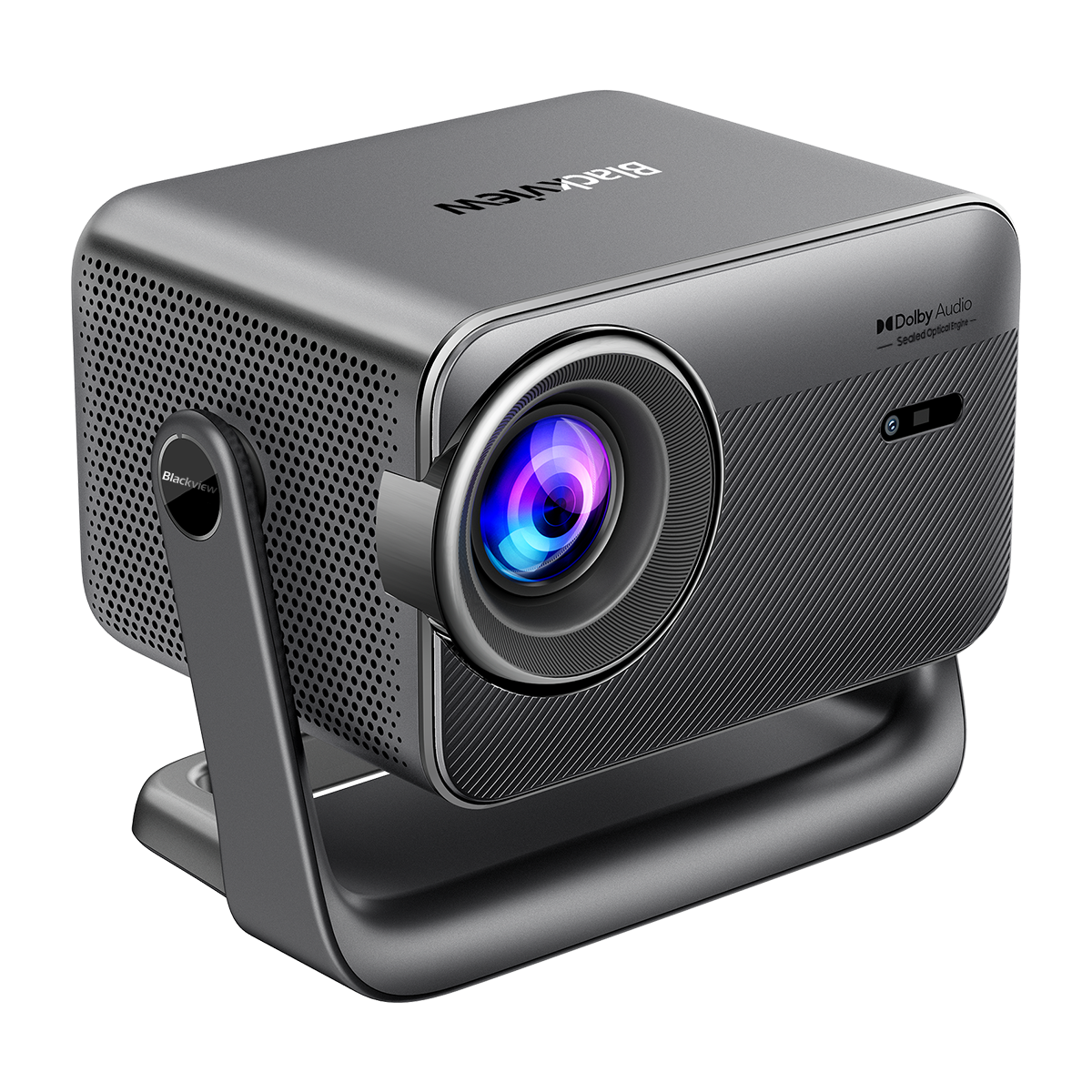 Een strakke, grijze Blackview projector met een prominente lens en Dolby Audio logo.