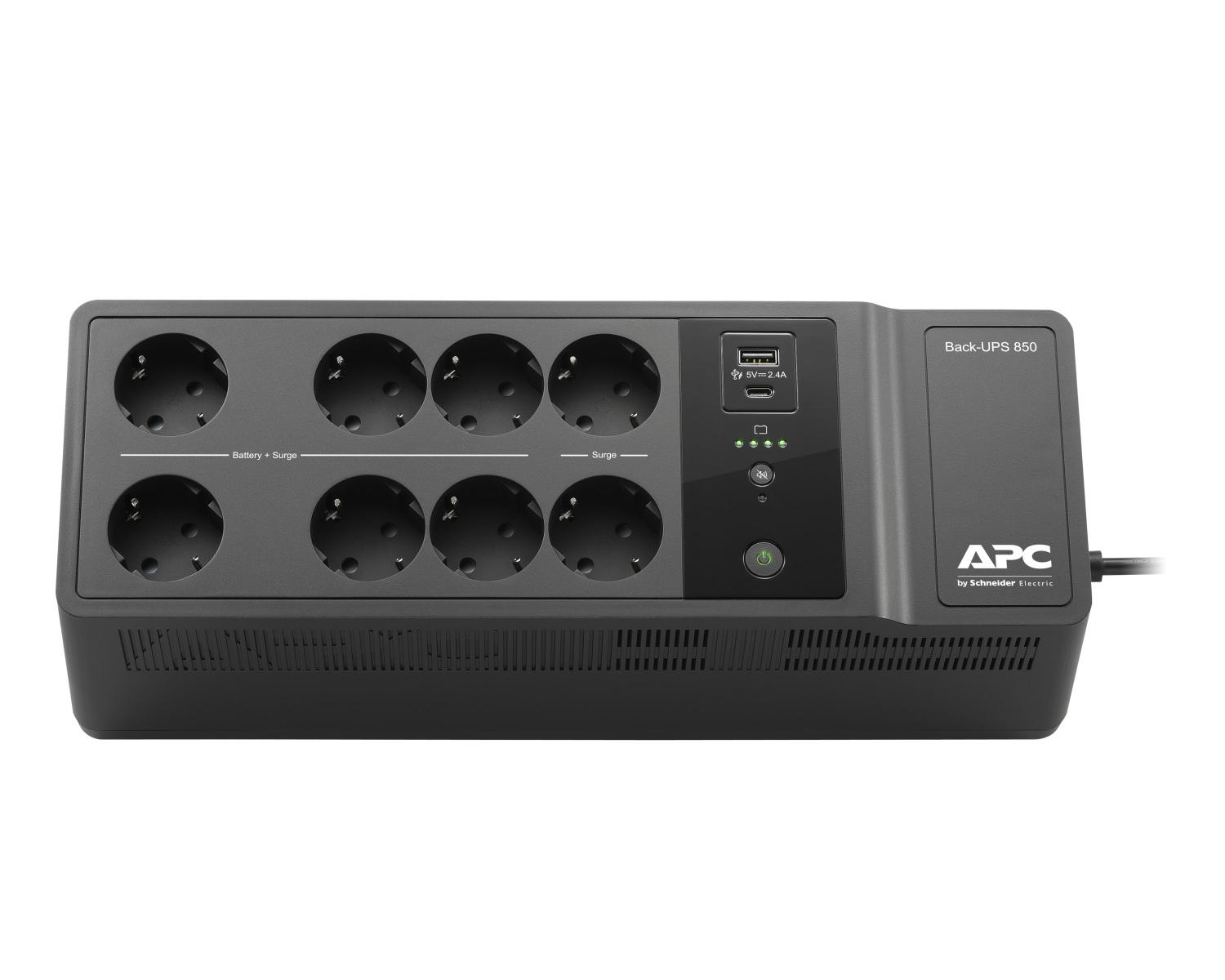 APC Back-UPS 850 nero con 8 prese, 1 porta USB e pulsante di accensione.