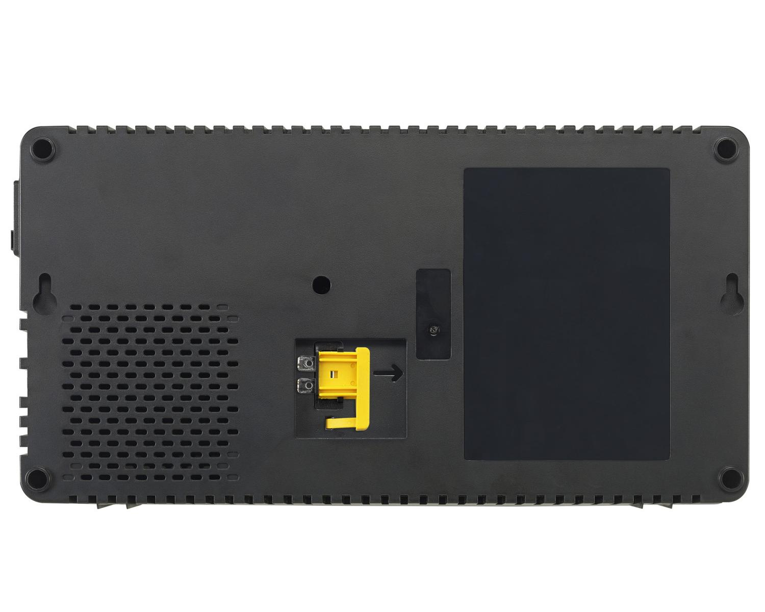 Retro di un dispositivo nero con fessure di ventilazione e un connettore giallo.