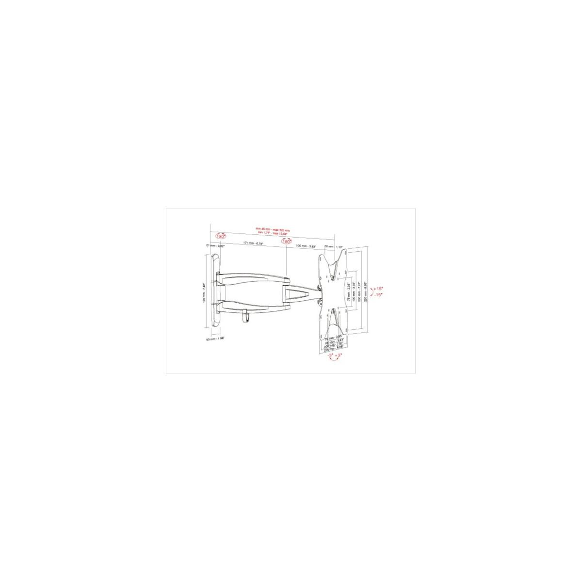 Disegno tecnico di un supporto da parete per TV con dimensioni e angoli.