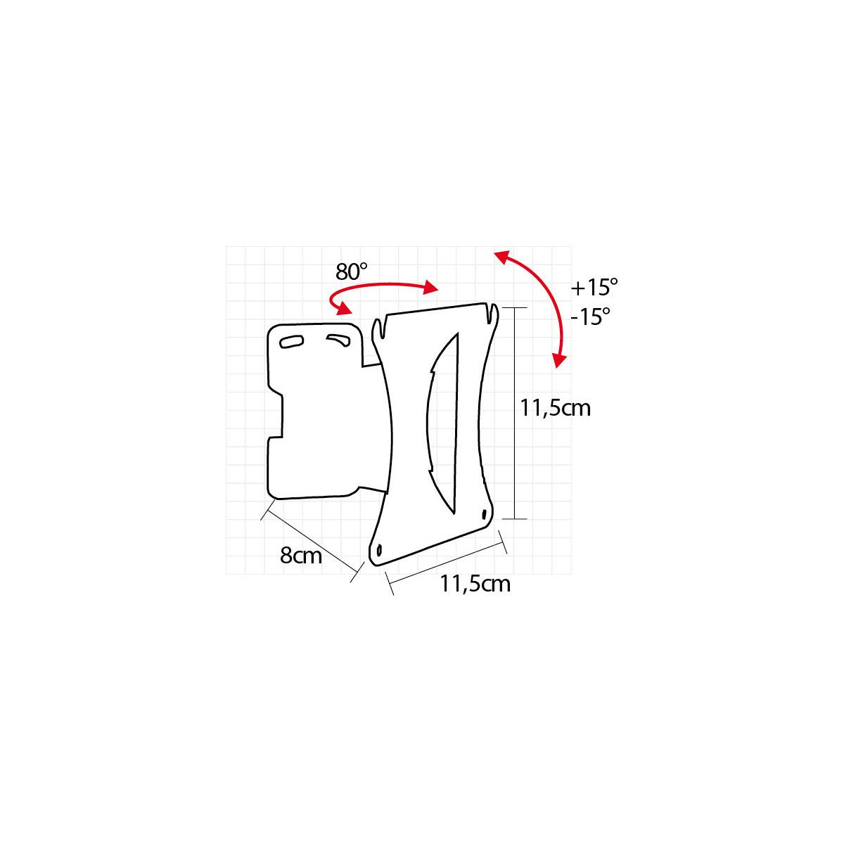 Dibujo técnico mostrando dimensiones 8cm, 11.5cm y ángulos 80°, ±15°.