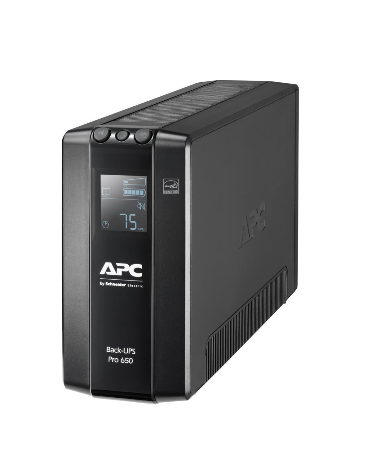 APC Back-UPS Pro 650 nero con display digitale che mostra 75 minuti di batteria.
