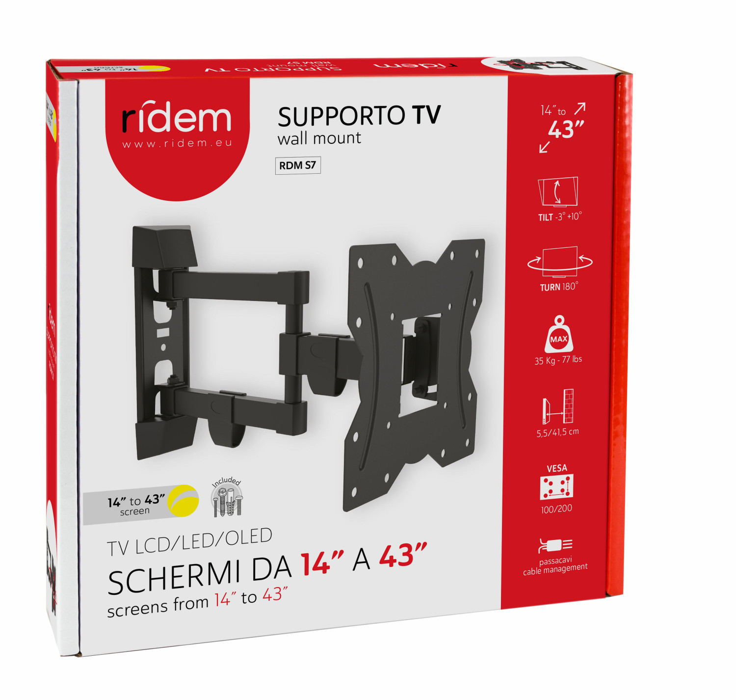 Verpackung für eine schwenkbare TV-Wandhalterung für 14-43 Zoll Bildschirme.