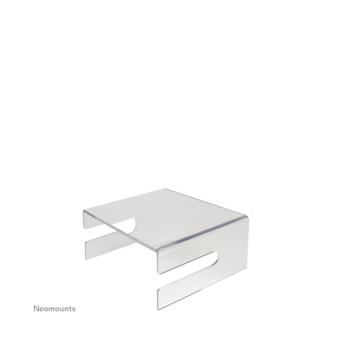 A clear acrylic stand with cutouts, on a white background.