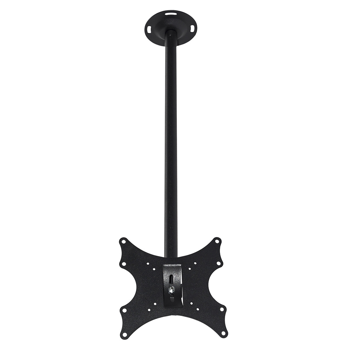 Schwarze Deckenhalterung für Fernseher mit verstellbarem Arm und Montageplatte.