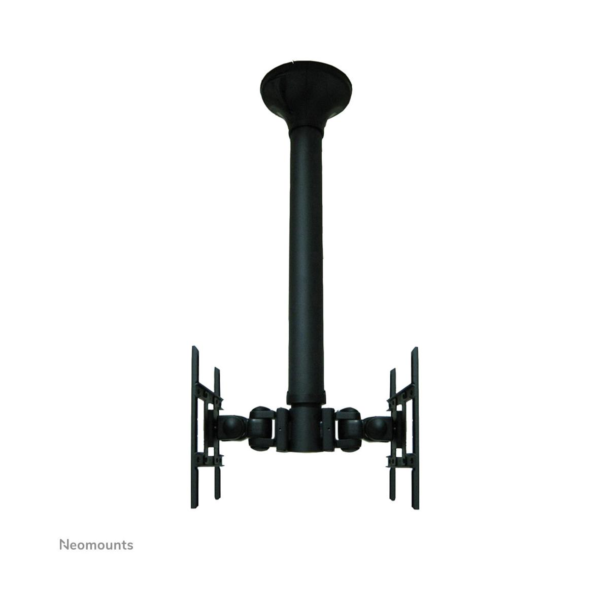 Support plafond noir pour deux écrans avec bras réglables.
