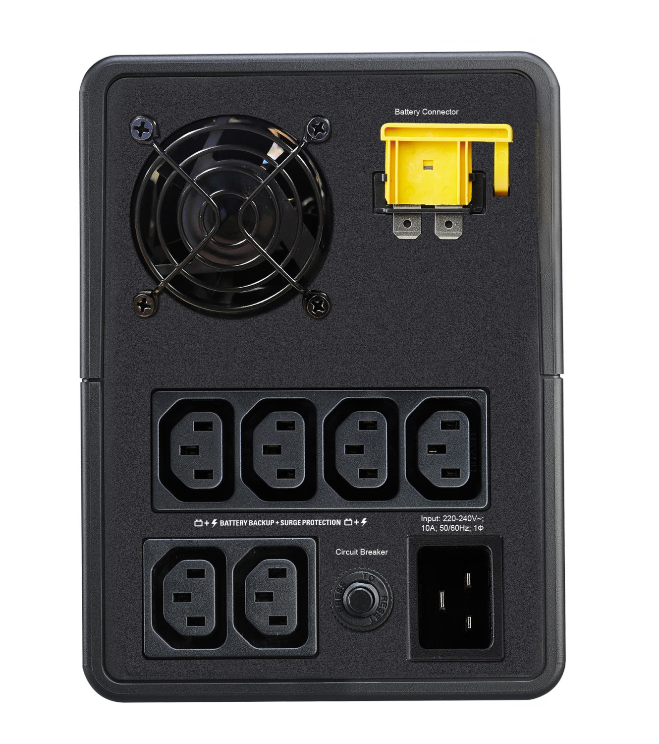 Vista trasera de un SAI negro con ventilador, conector de batería, tomas y disyuntor.