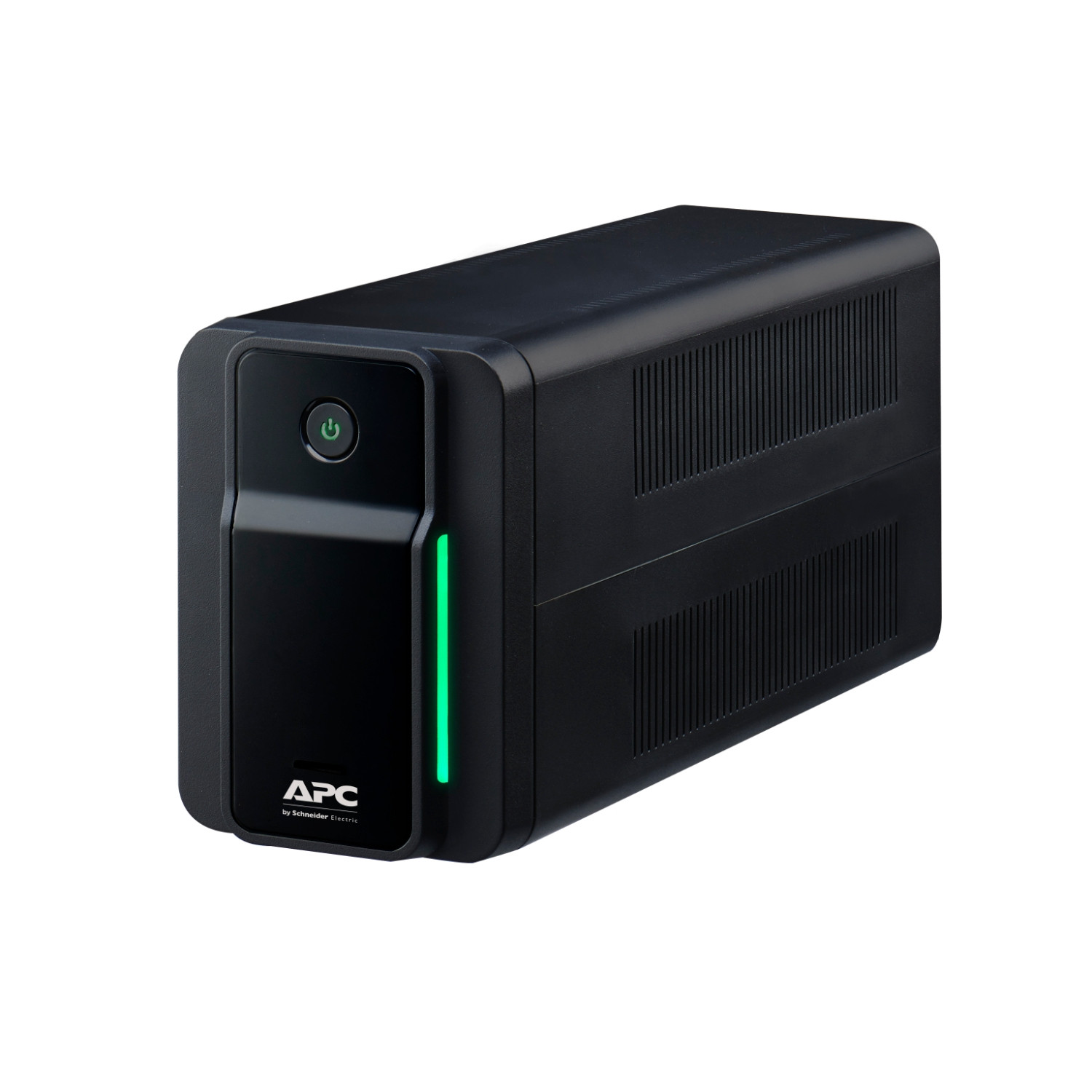 Gruppo di continuit&agrave; APC nero con pulsante di accensione verde e striscia LED.