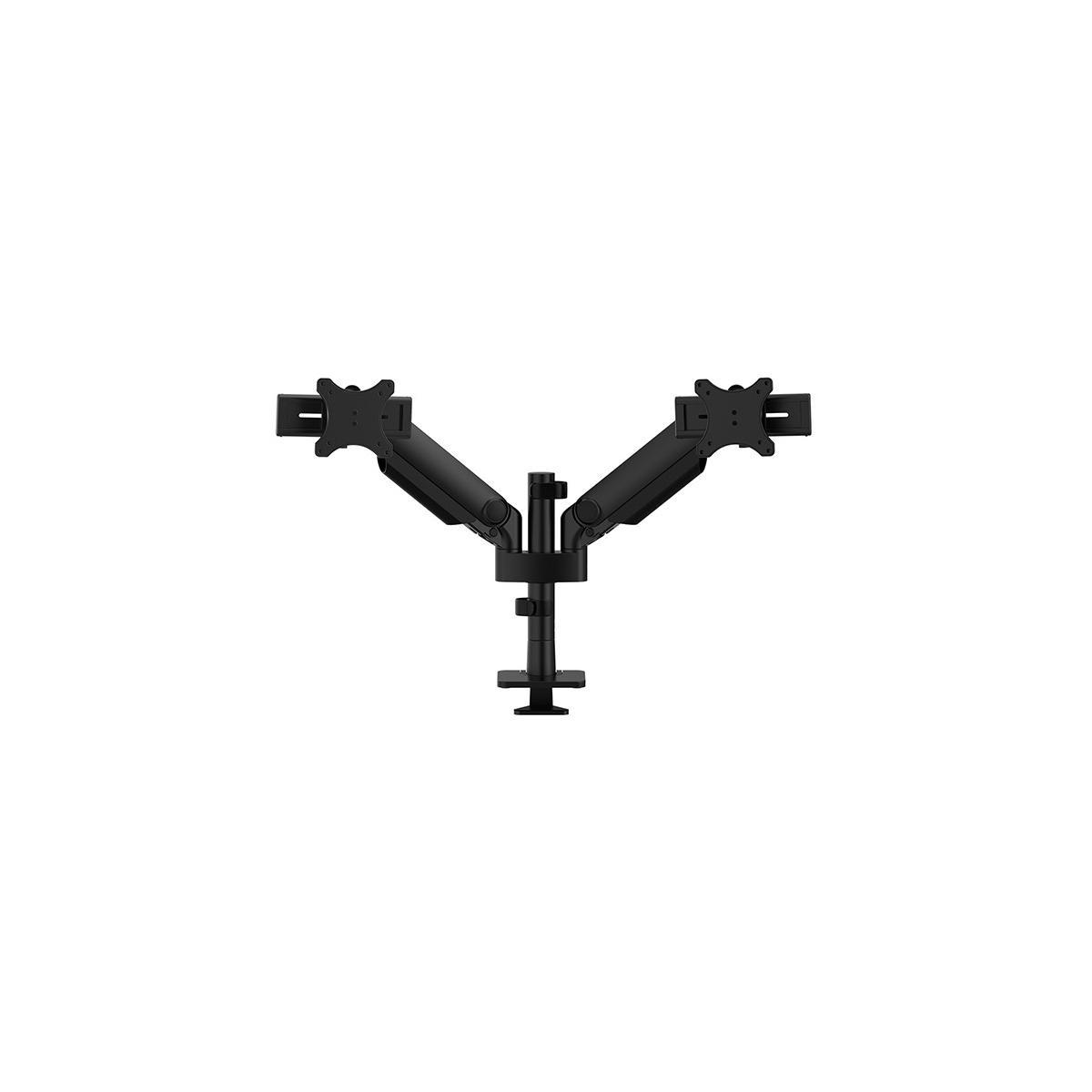 A black dual-arm monitor mount attached to a clamp.