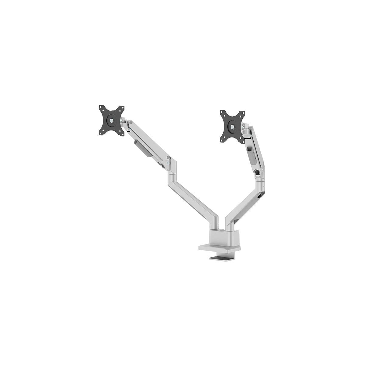 A silver dual monitor arm with a clamp base.