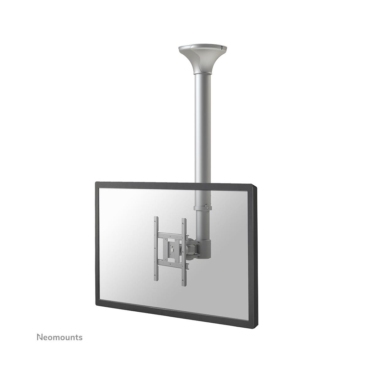 Support plafond TV argenté avec écran plat noir fixé.