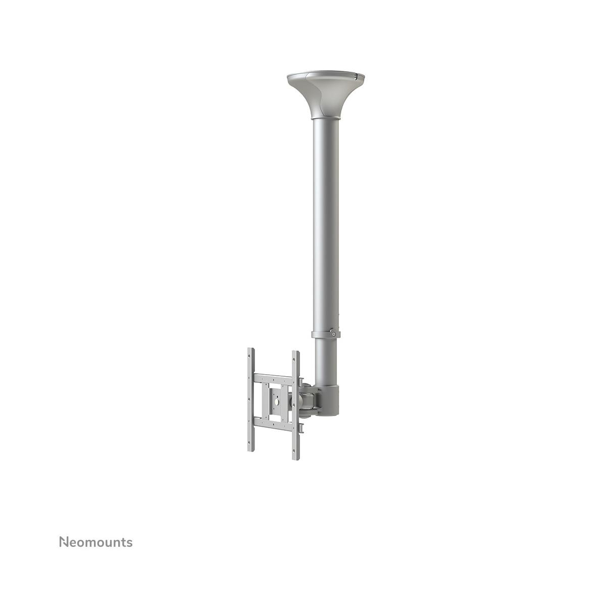 Support plafond argenté pour TV avec bras réglable et plaque de montage.