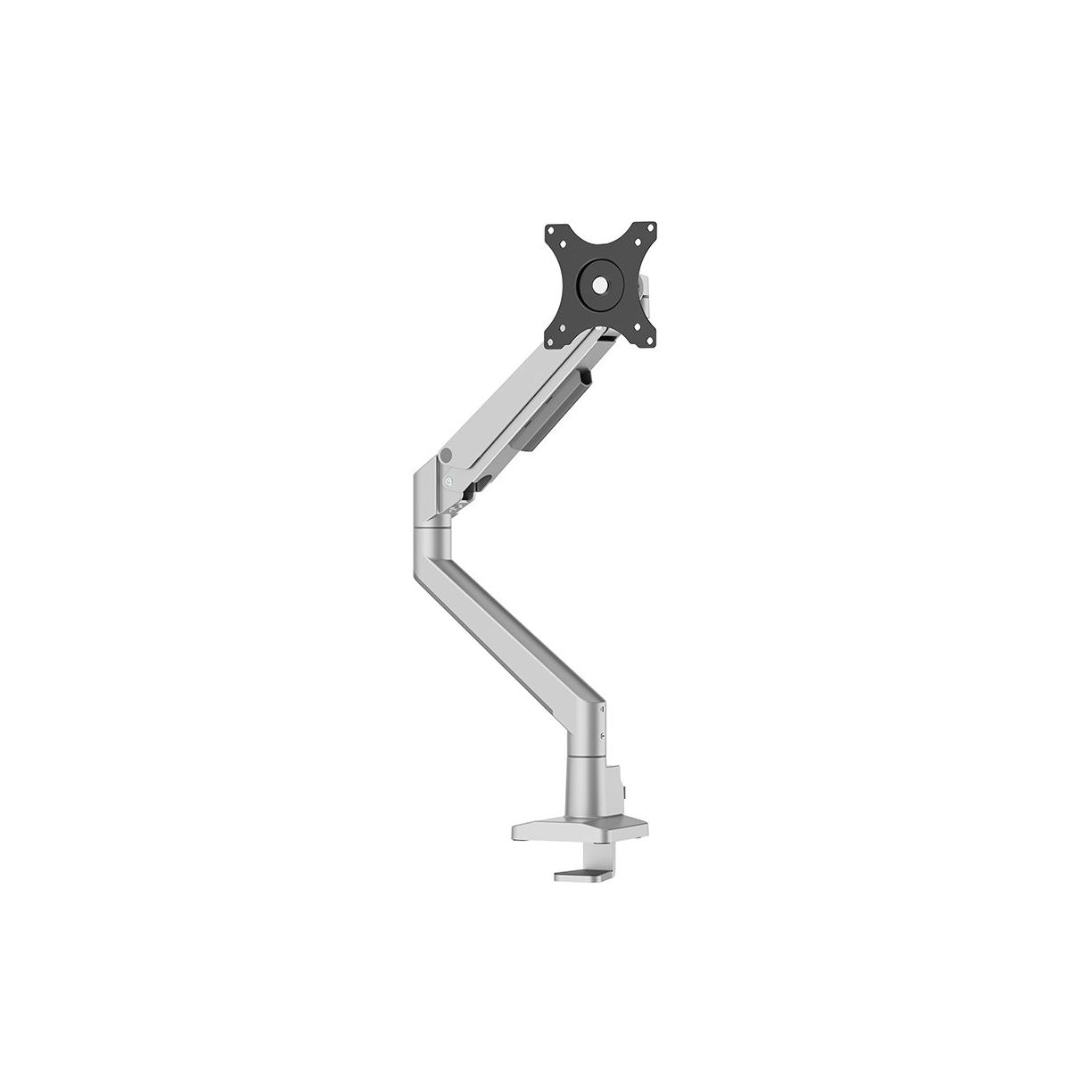 A silver monitor arm with clamp base and VESA mount on a white background.