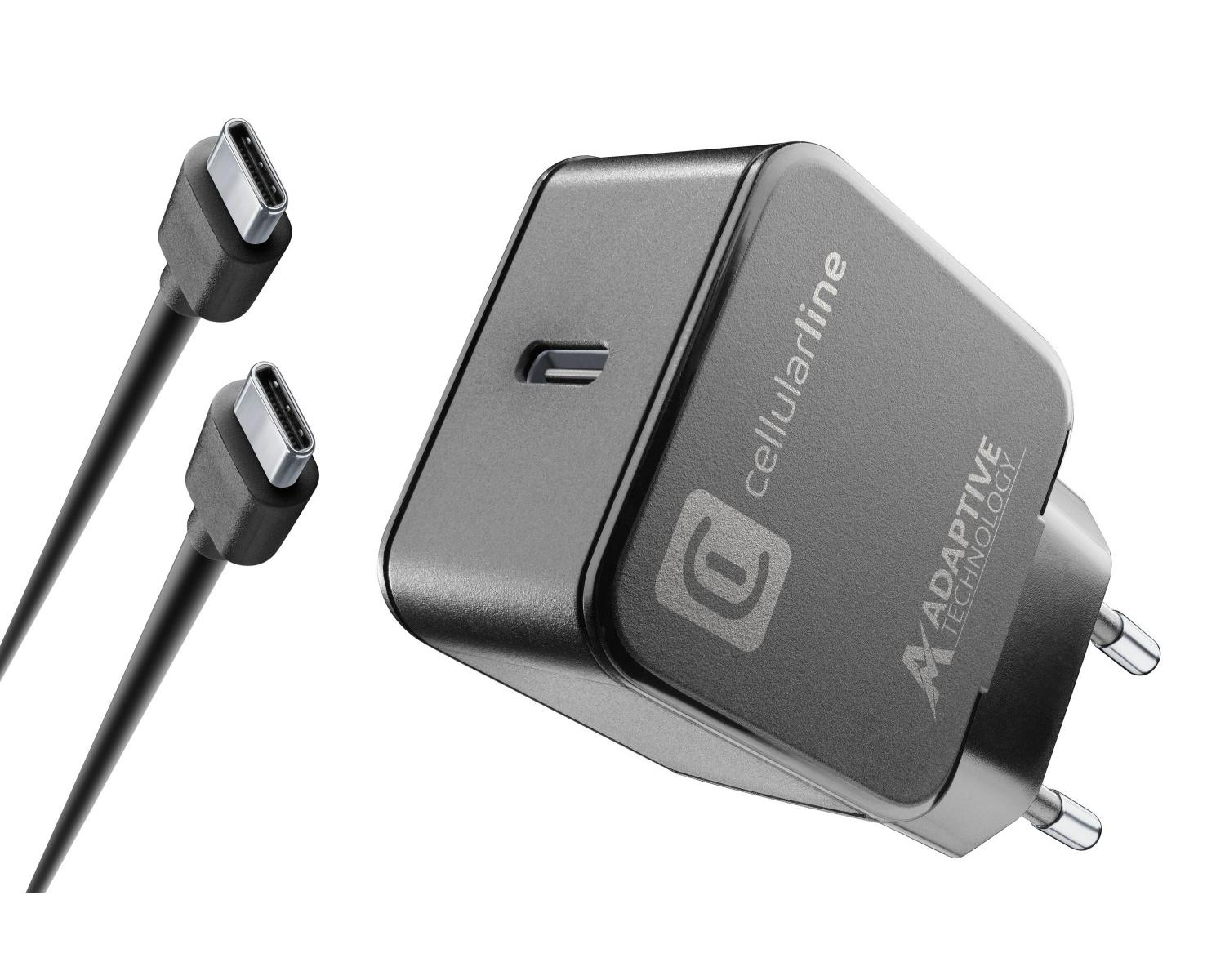 Ein schwarzes USB-C-Ladegerät mit zwei Kabeln, auf weißem Hintergrund.