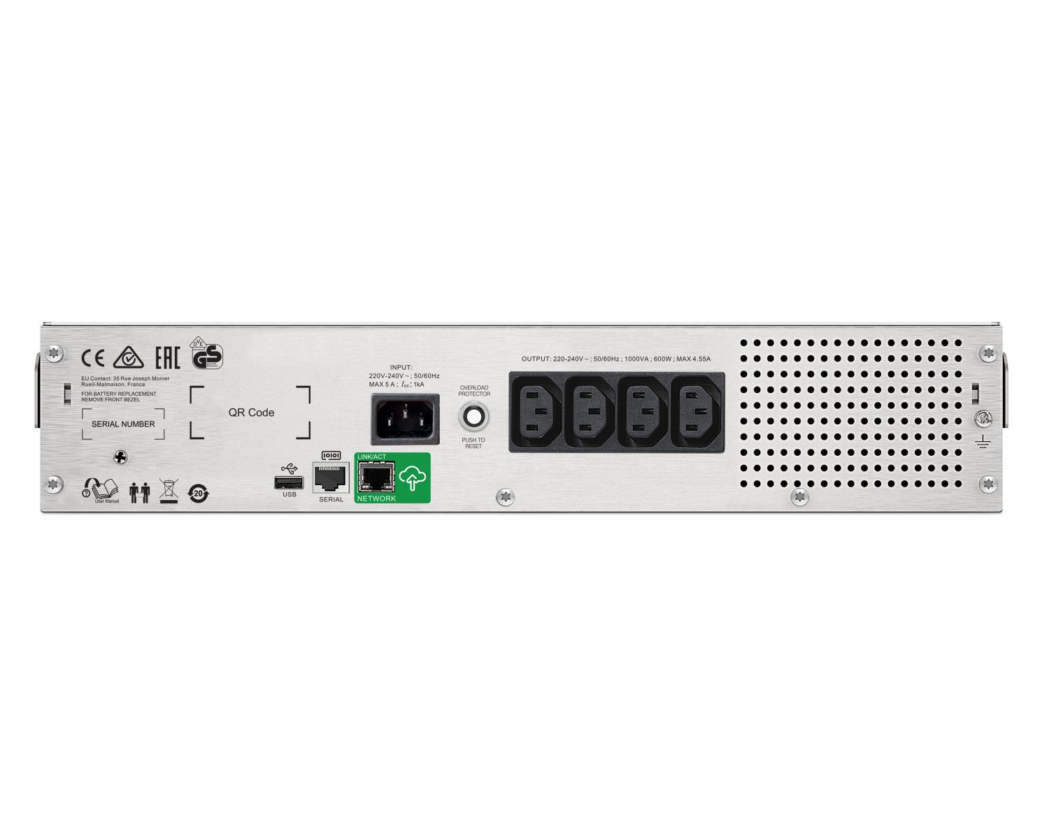 Rückseite eines Netzgeräts mit Anschlüssen: USB, Netzwerk, seriell, Netzschalter.