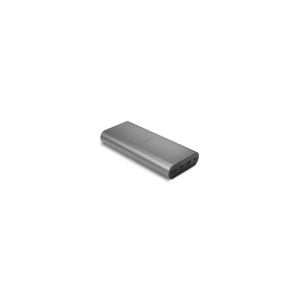 Un power bank grigio con porte sul lato destro.