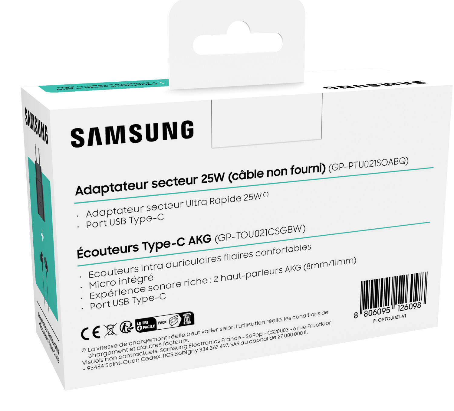 Caricatore Samsung 25W e auricolari AKG USB-C su scatola bianca.