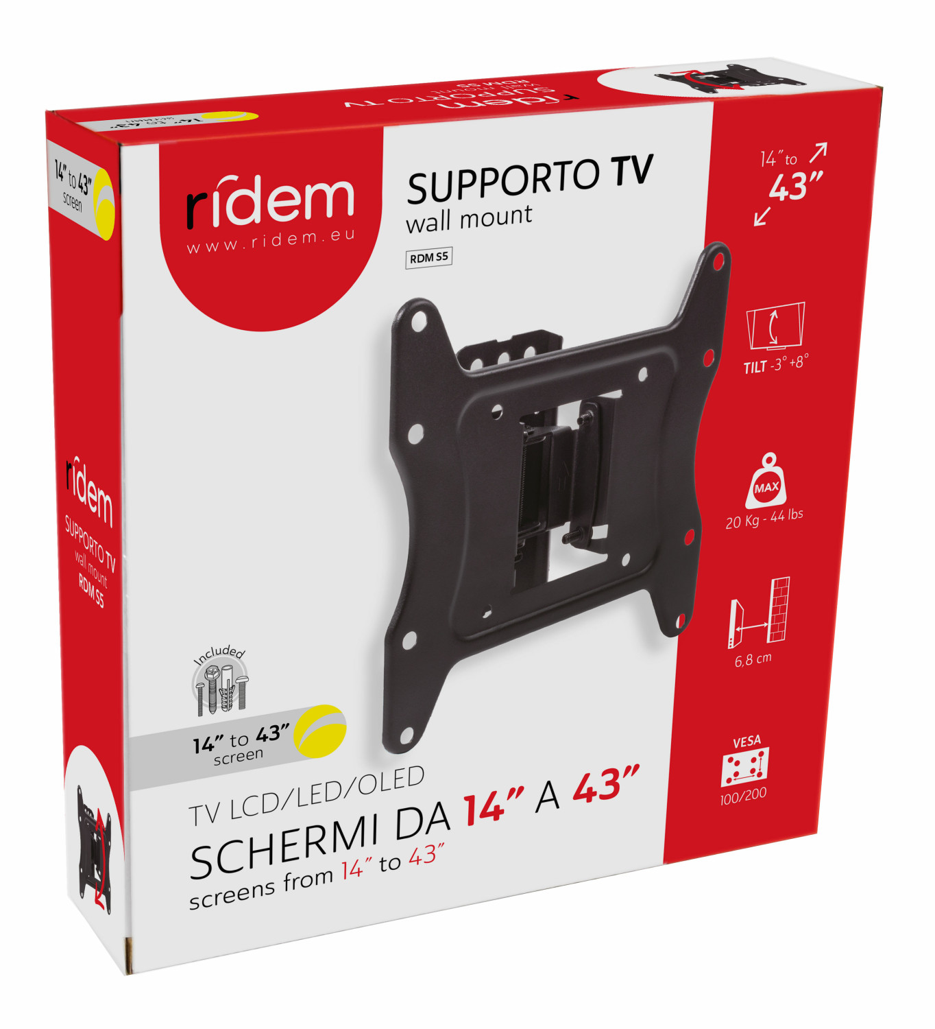 Doos voor Ridem TV wandsteun, RDM S5, voor 14-43 inch schermen.