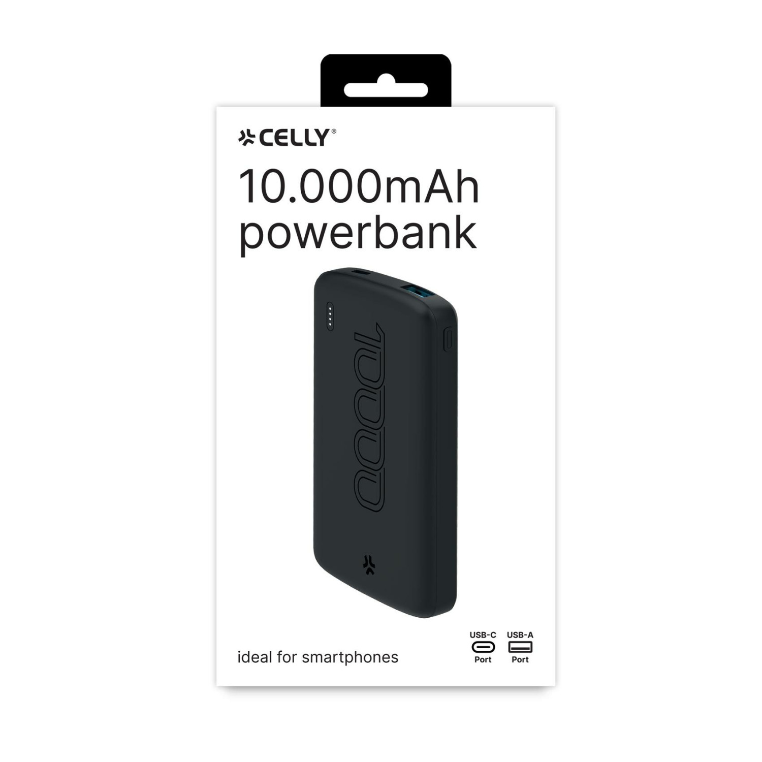 Power bank nera da 10.000 mAh con porte USB-C e USB-A.