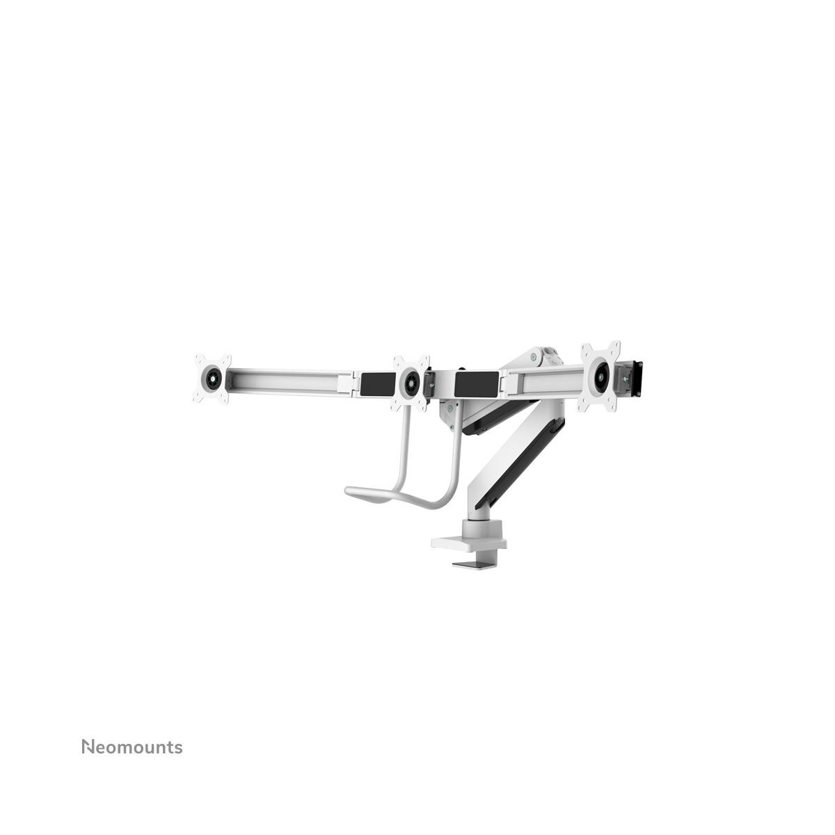 A white dual monitor desk arm with a clamp base.