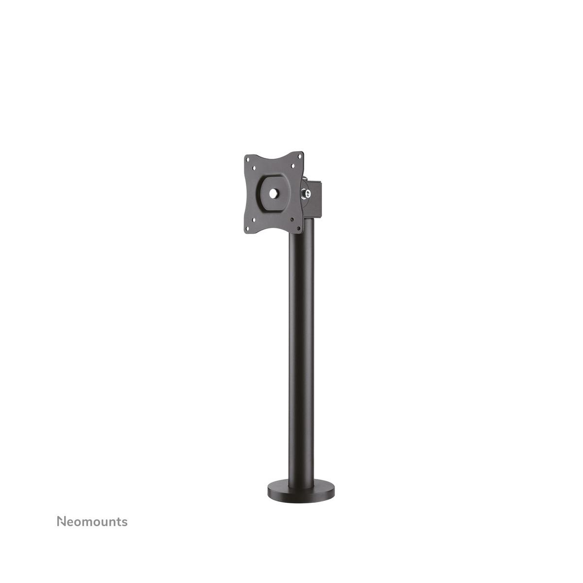 A black monitor stand with a round base and VESA mount.